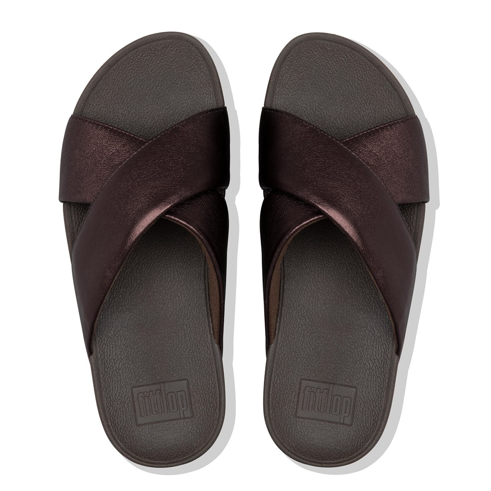 Fitflop Womens Slides Dark Brown - Lulu Metallic Leather Cross - 95TKWELGM